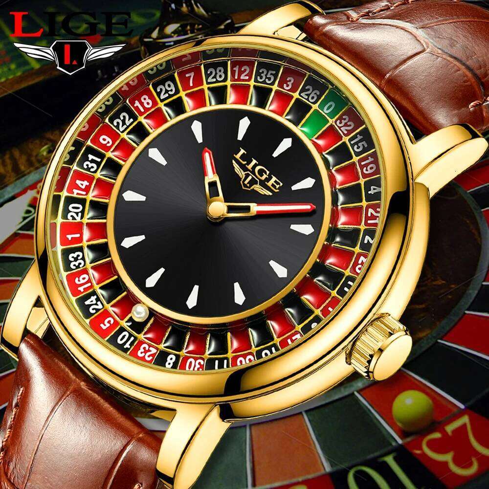 LIGE Fashion Leather Rotating Dial Las Vegas Roulette Desktop Lucky Watch Men Waterproof Luminous Clock Watches 25M1230