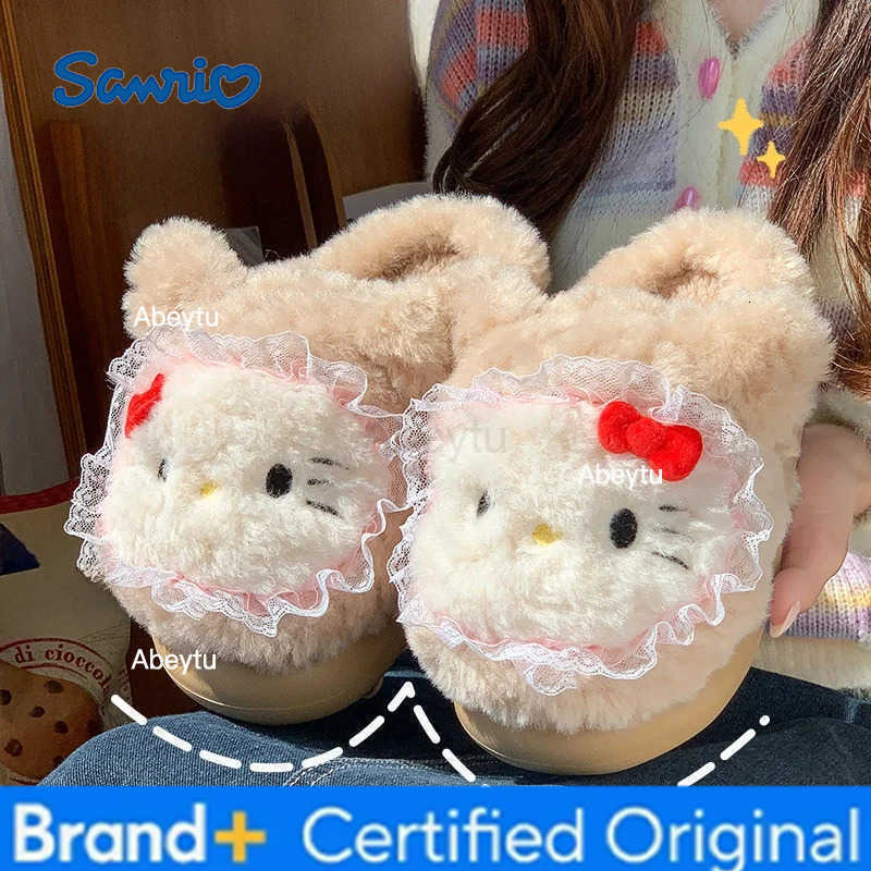 Sanrio Kids Slippers House Shoes Cartoon Cat Cotton Winter Shoes For Girls Anti-slip Soft Bottom Warm Green Pink Shoes Size 36-41 H251230