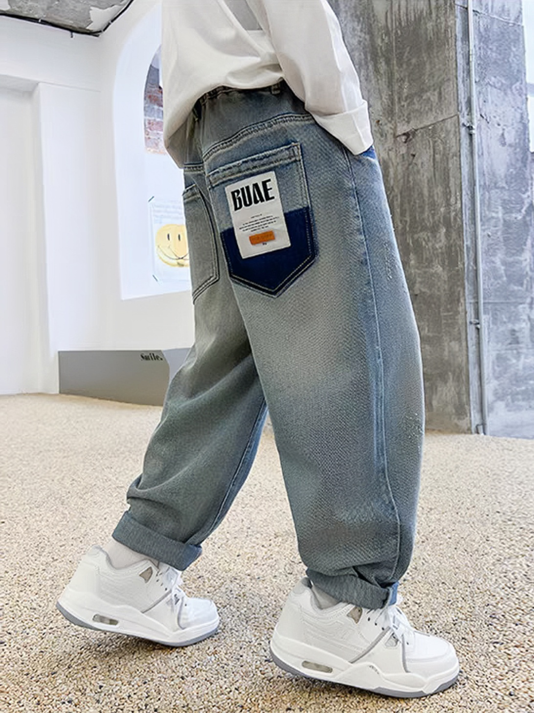 Boys' Spring and Autumn Vintage Casual Versatile Jeans Middle and Big Kids' New Straight Tube Light Color Trendy Western Soft Denim
