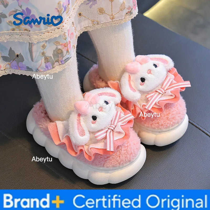 Sanrio 2024 New Winter Childrens Cotton Slippers - Cute and Warm Fleece Rabbit Fur Babys Home Cotton Slippers for Girls H251230