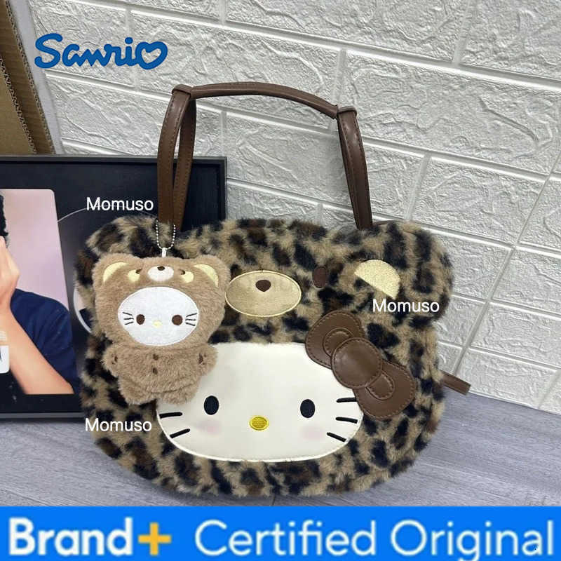 Sanrio Anime Hello Kitty Large Capacity Leopard Print Shoulder Bag Kawaii Plush Handbag Sweet Crossbody Bag for Women Gift for Friends H251230
