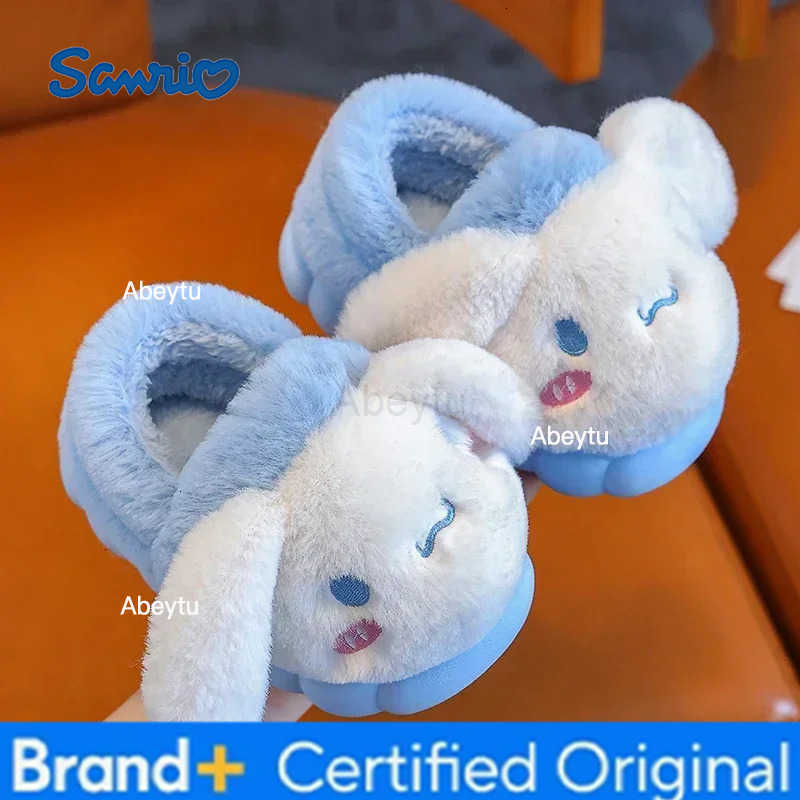 Sanrio Kawaii Children Winter With Heels Cotton Slippers Cartoon Anime Kuromi Cinnamoroll Kids Indoor Home Slippers Girl Gift H251230