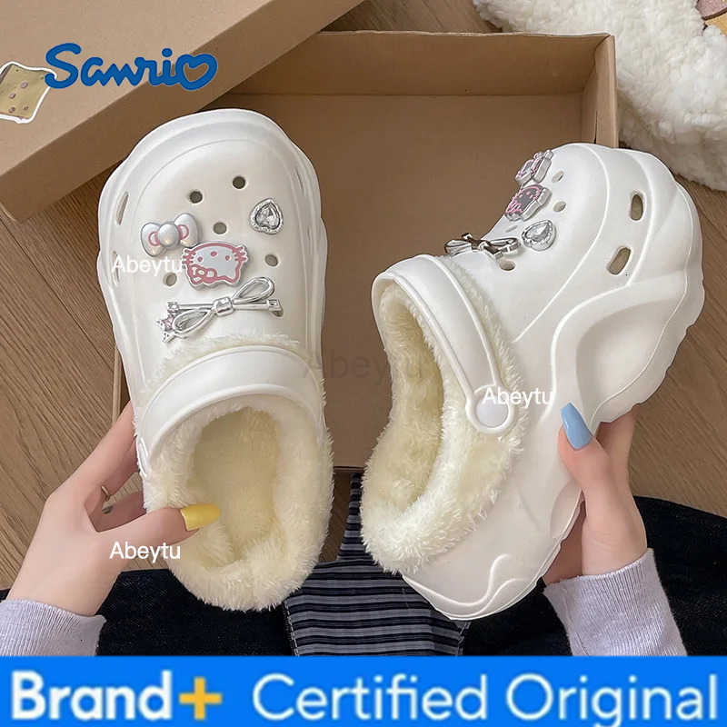 Sanrio Slippers House Shoes Cartoon Hello Kitty Winter Shoes For Girls Warm Height Increasing Anti-slip Black White Shoes Size 35-40 H251230