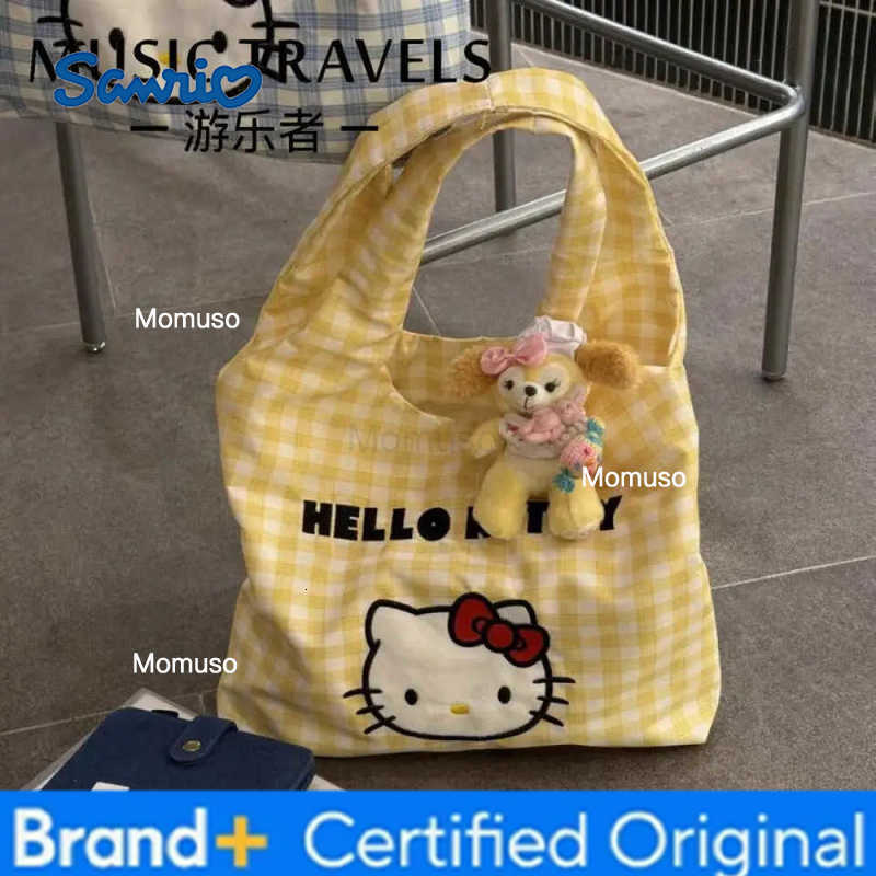 Sanrio New Hello Kitty Grid Canvas Bag Cartoon Kitty Cat Shoulder Messenger Bag Summer Commuting Large Capacity Messenger Bags H251230