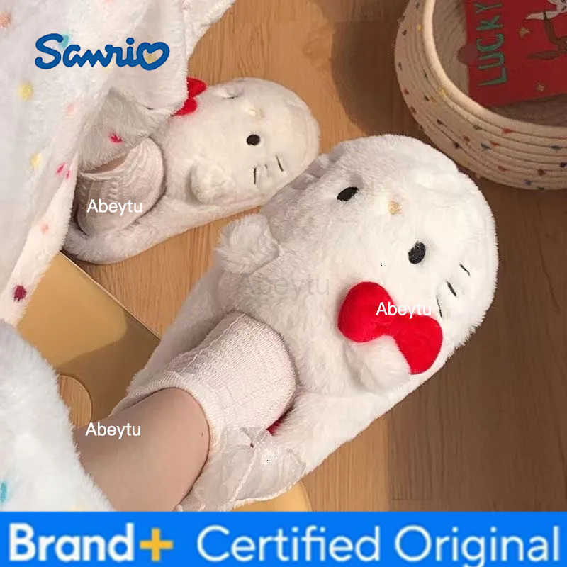 Sanrio Anime Hello Kitty Home Plush Slippers Winter Women Warm Indoor Cinnamoroll Anti-Slip Furry Slippers Household Girls Slippers H251230