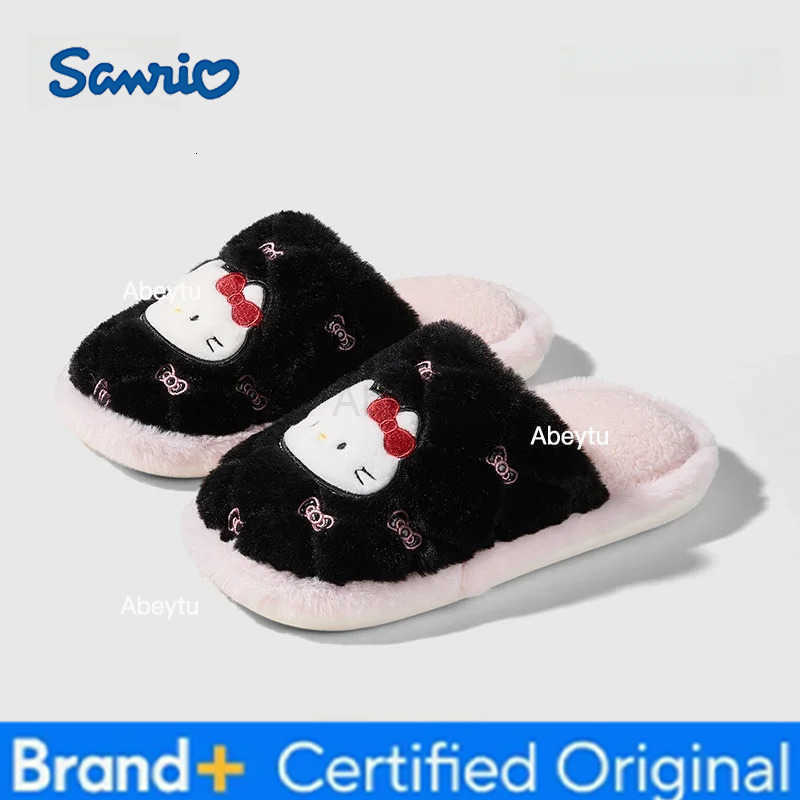 Sanrio Kids Slippers House Shoes Hello Kitty Cotton Winter Shoes For Girls Anti-slip Soft Bottom Warm Black Pink Shoes Size 36-41 H251230