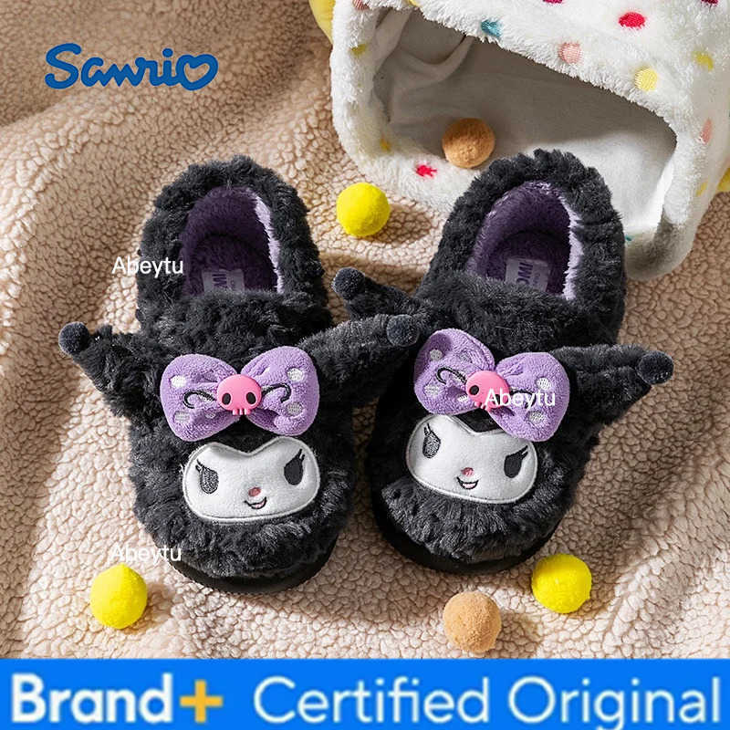 Sanrio Kids Slippers House Shoes Cotton Covered-heel Winter Shoes For Girls Warm Anti-slip Soft Bottom Black Pink Shoes Size 18cm-22cm H251230