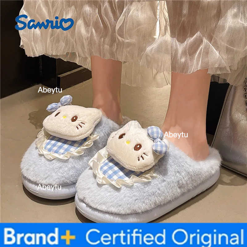 Sanrio Winter Women Plush Slippers Anime Hello Kitty Kawaii Slippers Anti Slip Warm Insulation Indoor Princess Sweet Girl Slippers H251230