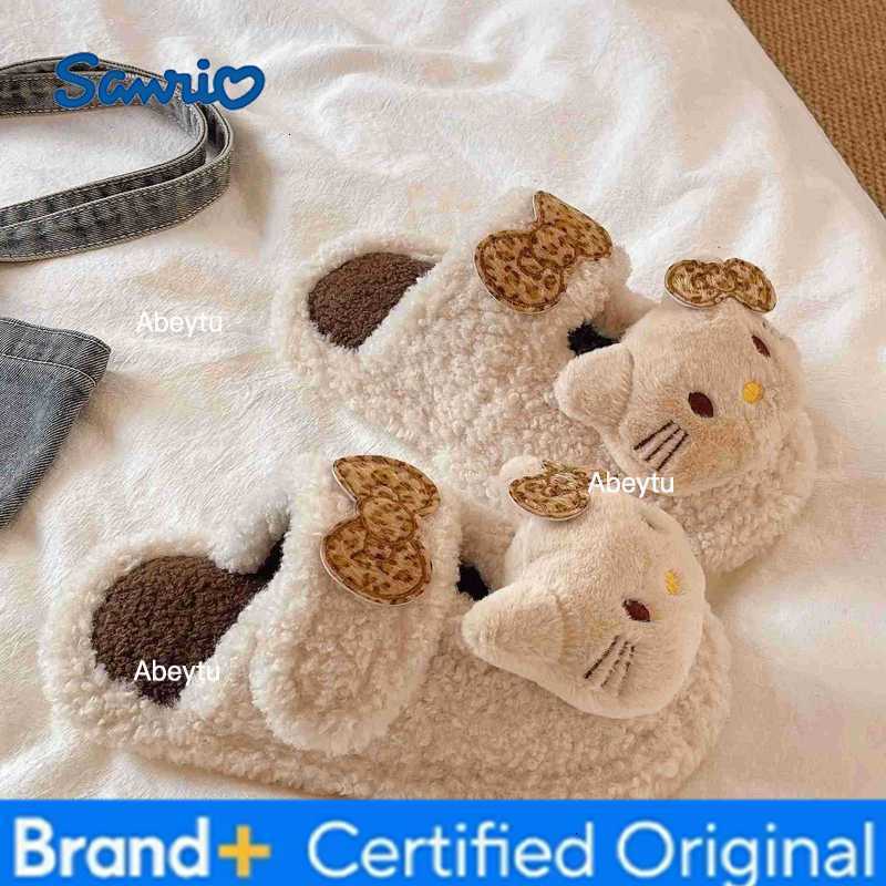 Sanrio Leopard Print Hello Kitty Slippers Anime Home Plush Slippers Anime Winter Warm Outdoor Ladies Slippers Girl Gift Shoes H251230