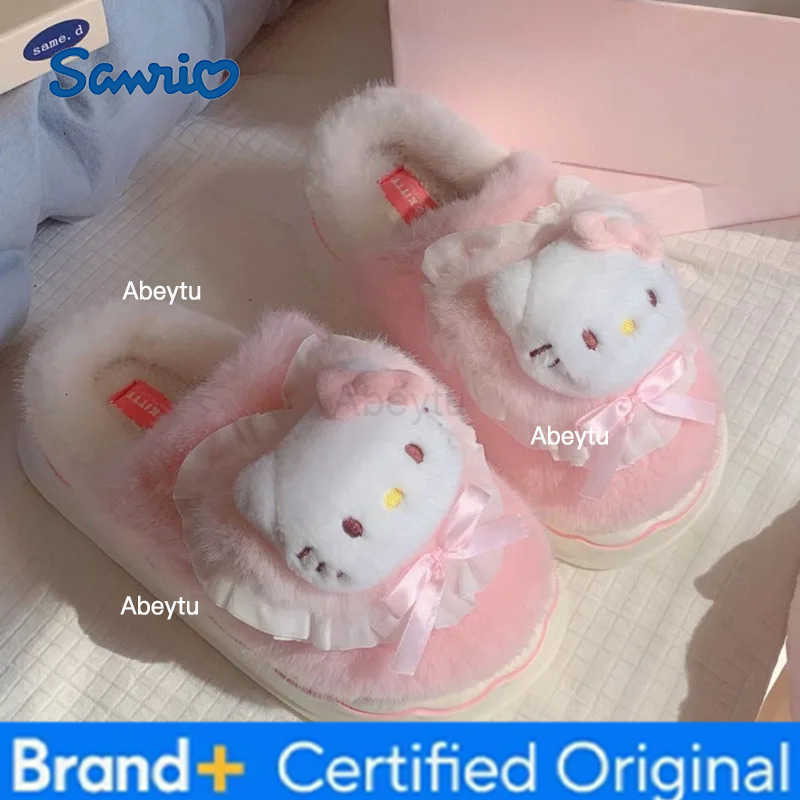 Sanrio Hello Kitty Kuromi Cute Cartoon Cotton Slippers Female Winter Students Warm Home Shoes Korean Version Trend Sweet Plush Slippers H251230