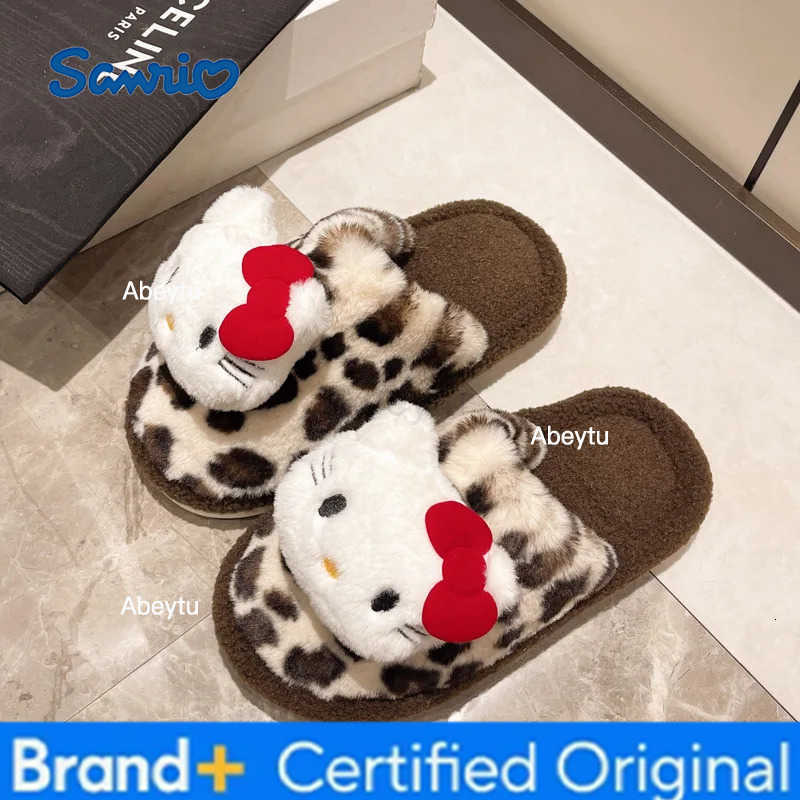 Sanrio Cartoon Hello Kitty Leopard Print Cotton Slippers Soft Comfortable Anime Winter Keep Warm Plush Slippers House Shoes Gift H251230