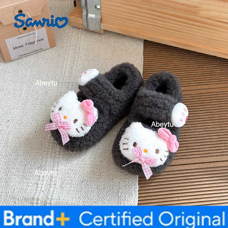 Sanrio Kids Slippers House Shoes Cotton Covered-heel Winter Shoes For Girls Anti-slip Soft Bottom Velcro Beige Gray Shoes Size 22-35 H251230