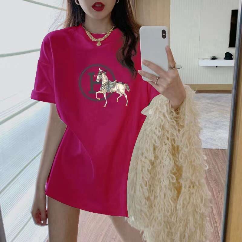 Pink Cotton T-sirt Women's 2026 Designer Fashion Loose Fit Summer New Long Tailored Top Trendy Commute Wind