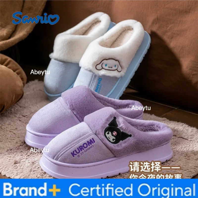 Sanrio Cartoon Warm Cinnamoroll Kuromi My Melody Anime Thick Sole Cotton Slippers Kawaii Girls Winter Comfort Home Indoor Shoes Casual H251230