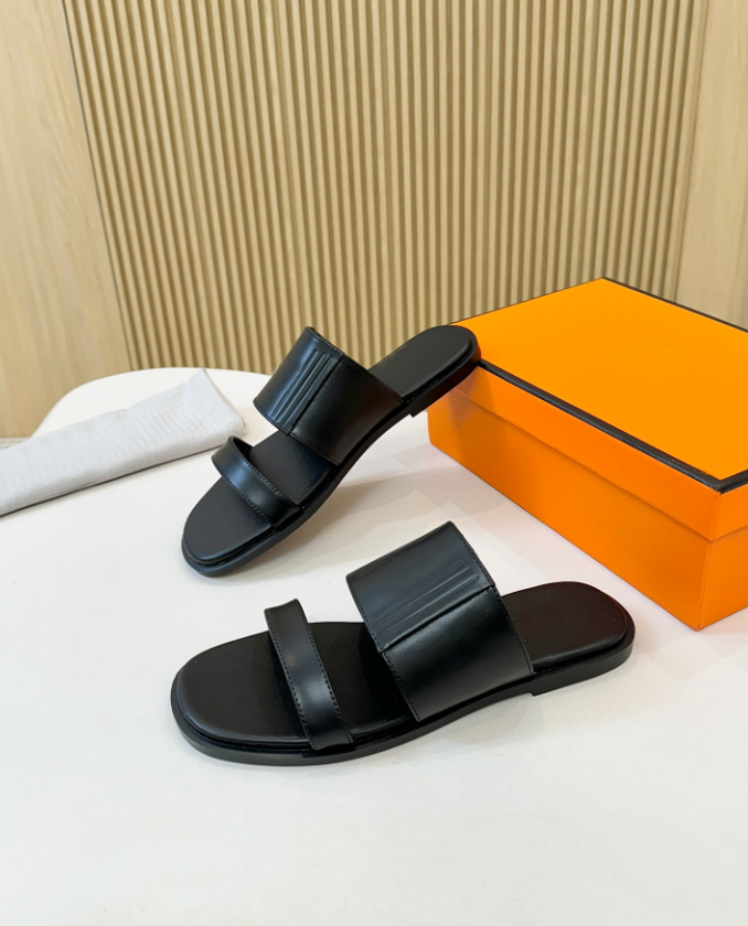 Black Mona Sandal Women Slipper Calfskin Leather Flip flops Beach Slide Mules Sandals Slip on Flats Outdoor Walking Indoor Slippers 35-43EU