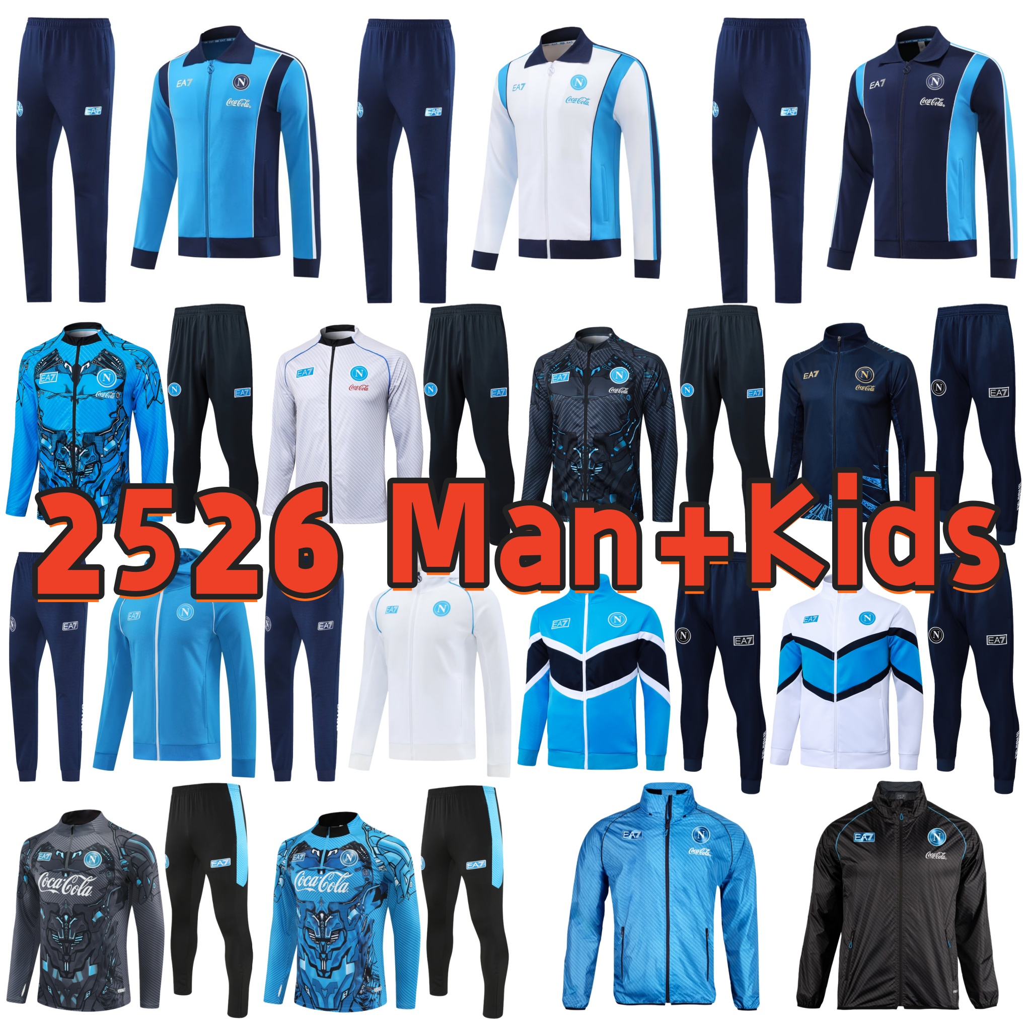 25 26 Napoli EA7 TrackSuit KIDS ADULT JACKET kit 27 SSC Naples D10S Hommes training suit Formation tuta Chandal survetement LONG ZIPPER MAN CHILD football jackets