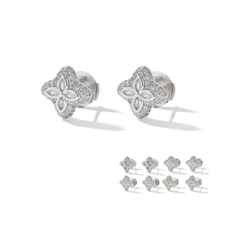 Luxury Brand Designer Jewelry Hip-Hop Four-Leaf Clover Earrings Copper Inlaid Zircon 925 Sterling Silver Needle Simple Earrings High-End Trendy Unisex