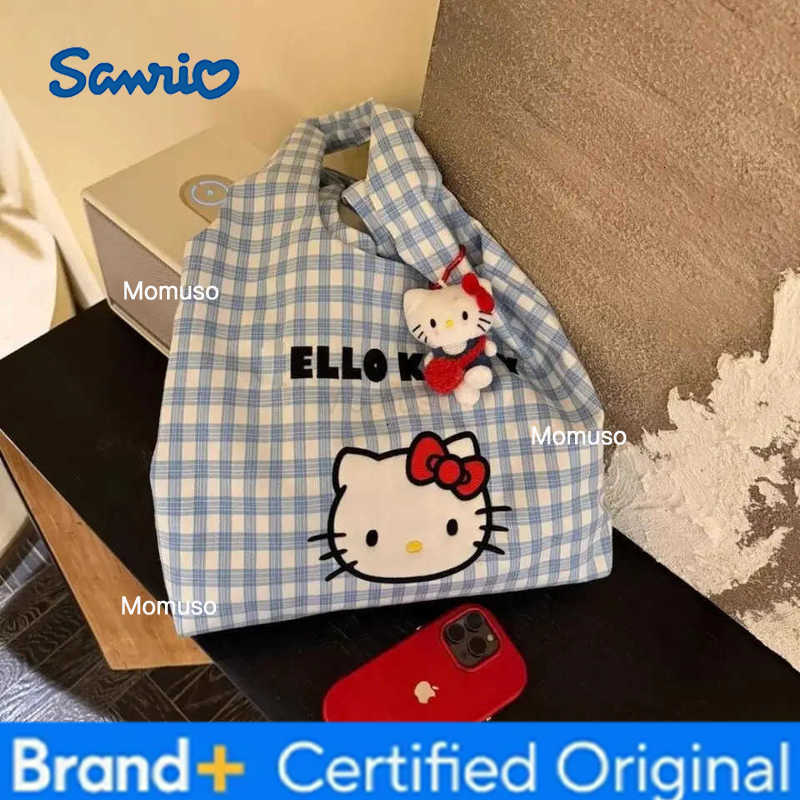 Sanrio New Hello Kitty Grid Canvas Bag Cartoon Kitty Cat Shoulder Messenger Bag Summer Commuting Large Capacity Messenger Bags H251230