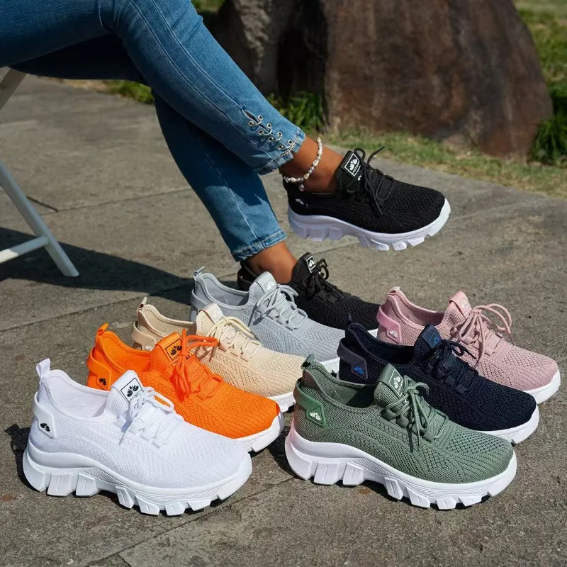 Womens Spring Knitted Shoes Lightweight Breathable Mom Shoes Plus Size Comfort Non-Slip Casual Flat Sole Slip-On 251226