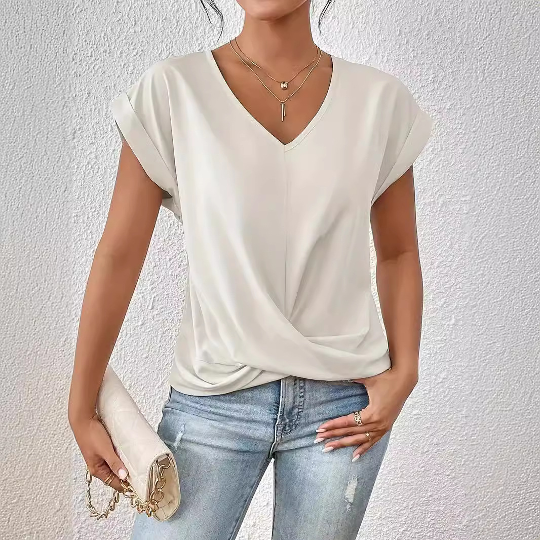 Sexy V Neck Short Sleeve Shirt Blouse Tops Office Lady Spring Summer Casual Loose Solid White Tshirt For Women Female Tees