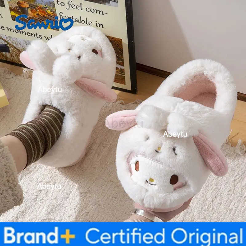 Sanrio Sanrios Cinnamoroll Plush Slippers Women My Melody Kuromi Kawaii Cotton Shoes Flat Autumn Winter Non Slip Warm Home Shoes Gift H251230
