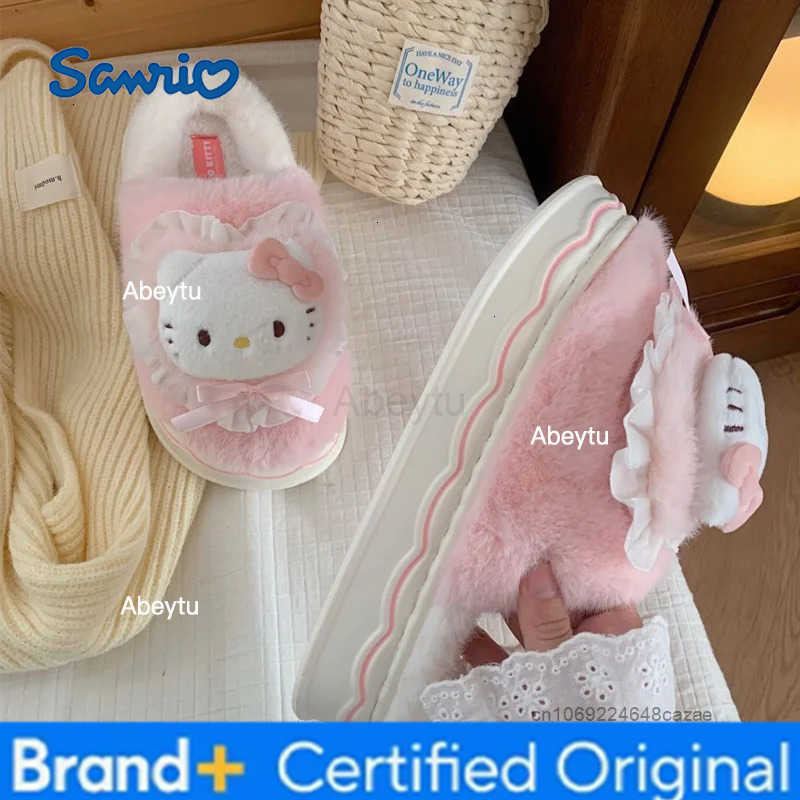 Sanrio Hello Kitty Kuromi Cute Cartoon Cotton Slippers Female Winter Students Warm Home Shoes Korean Version Trend Sweet Plush Slippers H251230