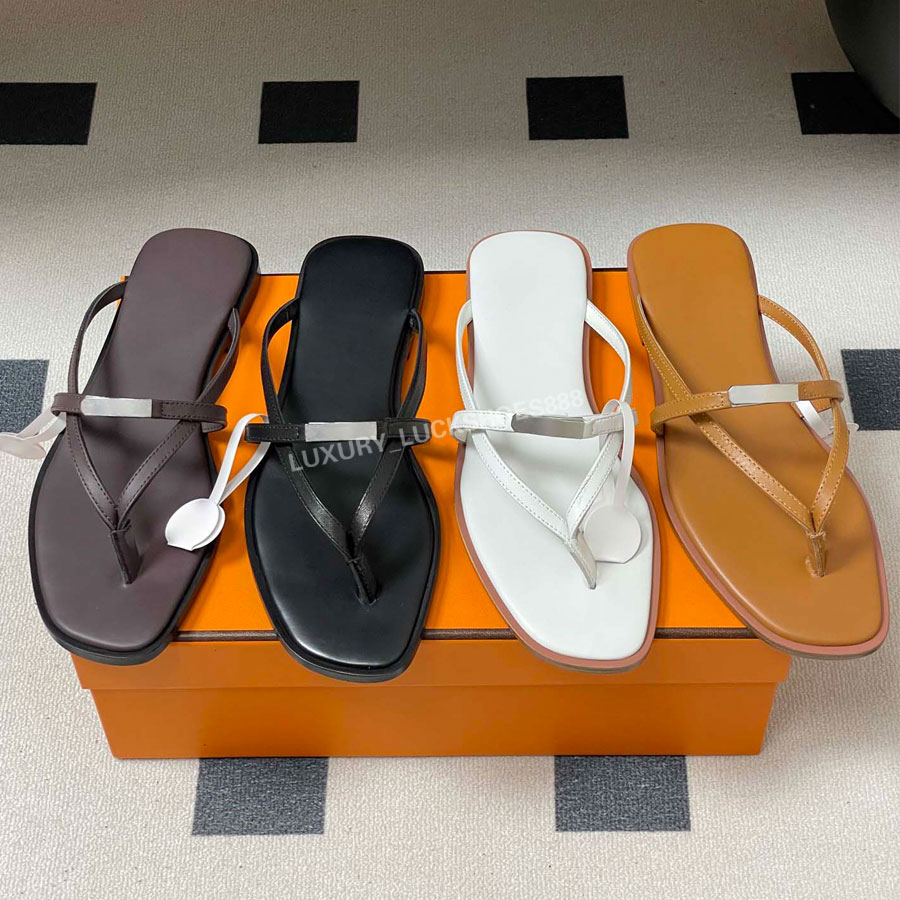 High quality Fashion new real Leather Silver buttons flats slides slipper Flip-flops beach sandals Luxury Designer slides for womens Summer Walking shoes with box