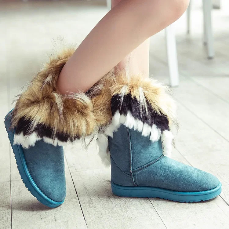 Of The Season Womens Mid-Calf Fox Fur Snow Boots Winter Rubber Sole round Toe Ankle Covering Pure Color Booties Ch 251230