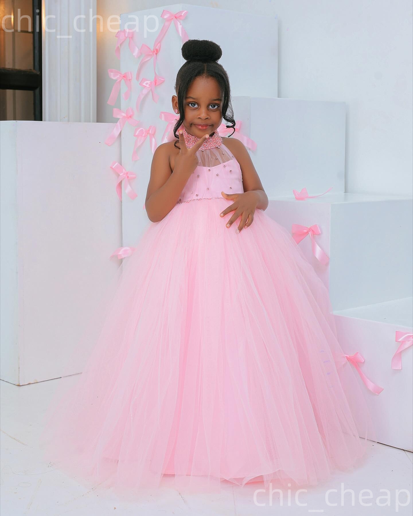 2026 Pink Ball Gown Flower Girl Dresses Pearls Crystals Bow Tulle Little Girl Christmas Peageant Birthday Christening Tutu Dress Gowns ZJ423