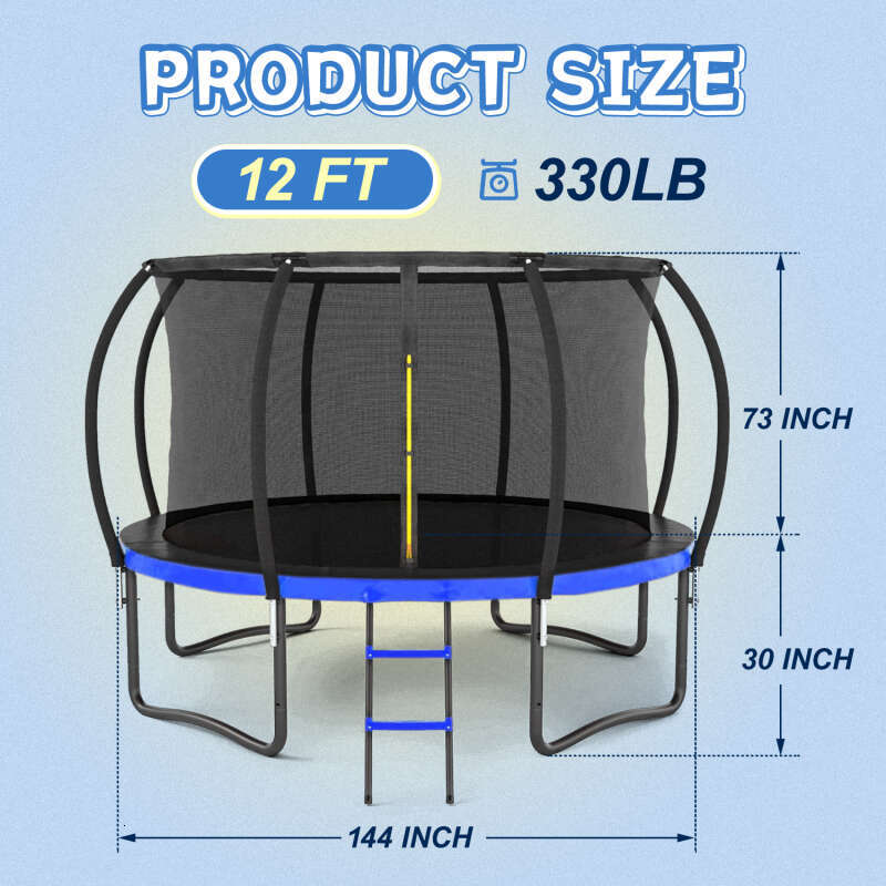 12FT Outdoor Big Trampoline Inner Safety Enclosure Net, Ladder, PVC Spring Cover Padding, For Kids, Blue Color
