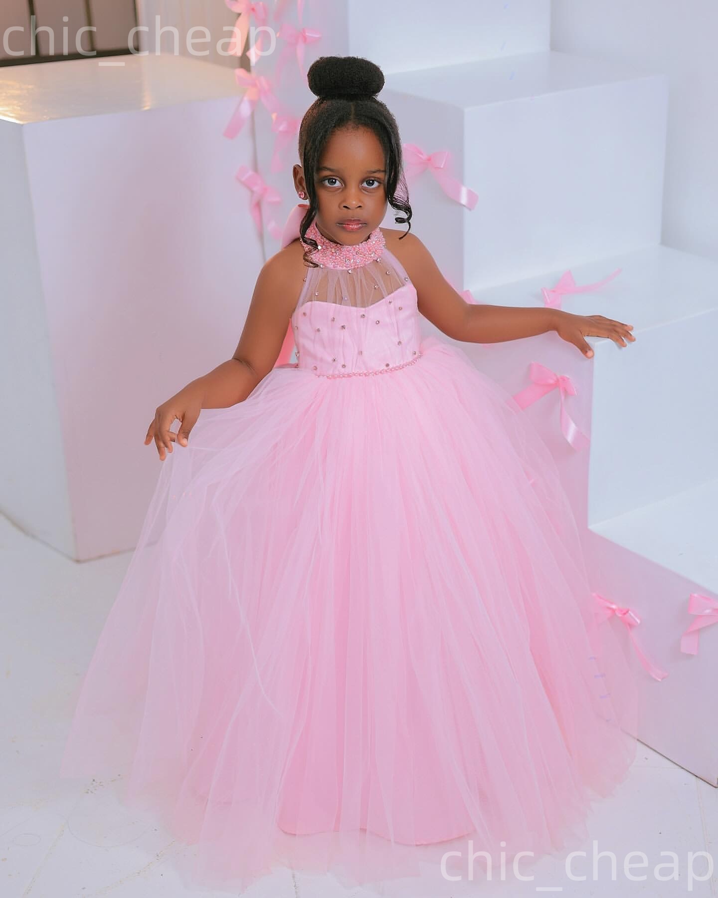 2026 Pink Ball Gown Flower Girl Dresses Pearls Crystals Bow Tulle Little Girl Christmas Peageant Birthday Christening Tutu Dress Gowns ZJ423