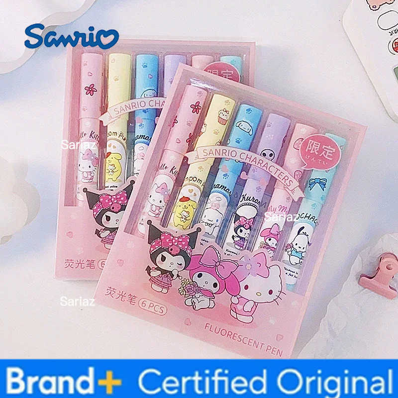 Sanrio 6Pcs Hello Kitty Highlighter Pen Set Kawaii Kuromi Melody Cinnamoroll Art Fluorescent Markers Pens School Office Statione H251231