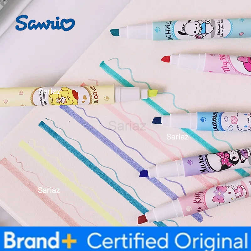 Sanrio 6Pcs Hello Kitty Highlighter Pen Set Kawaii Kuromi Melody Cinnamoroll Art Fluorescent Markers Pens School Office Statione H251231