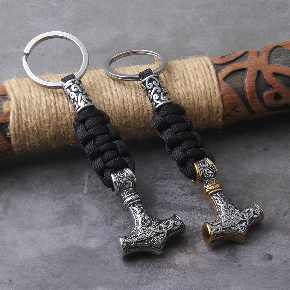 Never Fade Stainless Steel Nordic Viking Thor Hammer Pendant Rune Beads Keychain With Wooden Box As Gift