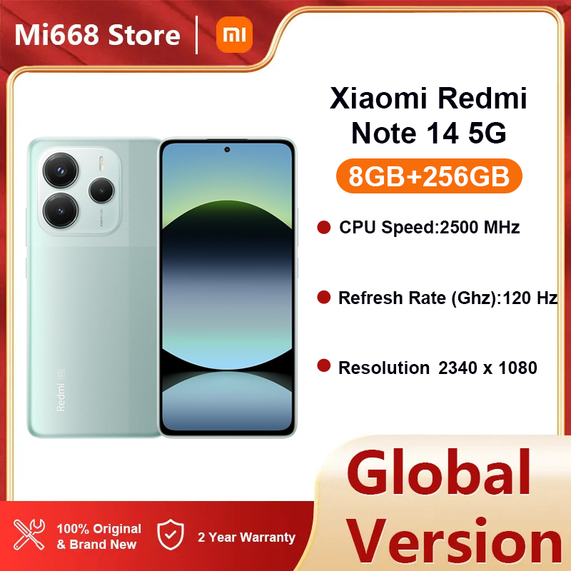 Global Version Xiaomi Redmi Note 14 5G 8GB+256GB,Coral Green 6.67 Inches,Bluetooth,NFC,Wi-Fi,108MP AI camera system with OIS,IP64(Charger Not Included