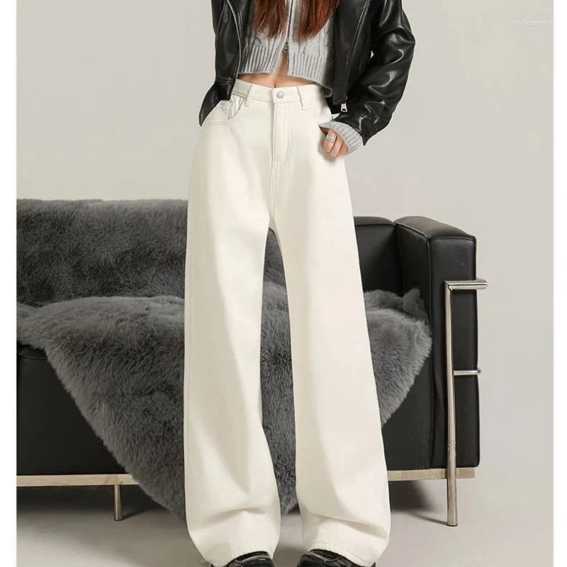 Women's Jeans Y2K Flared For Women Soft Denim Pure Cotton Fleece Lined Warm White Wide Leg Loose Casual Classic Slim Fit Z260313