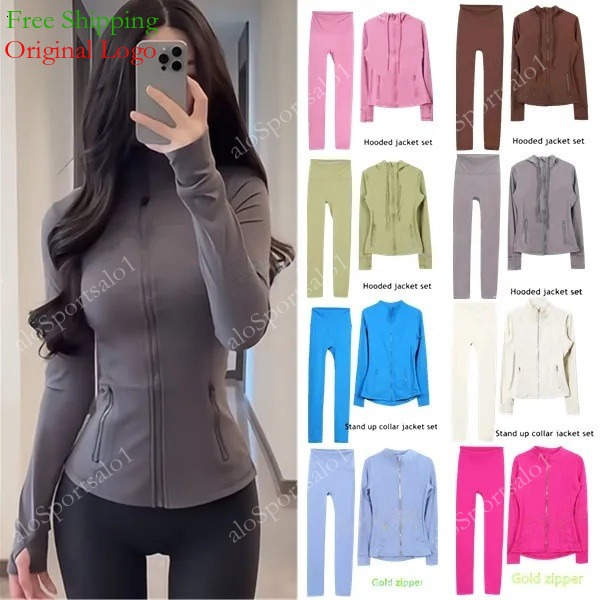 2Pcs Yoga Set Gym Set And Leggings Women's Define Workout Sport Coat Fiess Jacket Sports Quick Dry Activewear Top Solid Zip Up Sweatshirt Sportwear Alosportsalo CCC