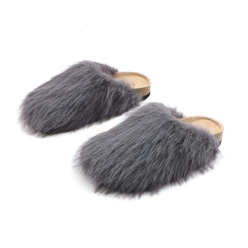 Lurnyet Women's Grey Fluffy Fur Slide Slippers Soft Comfort Indoor Home Casual Slippers STOCK-3
