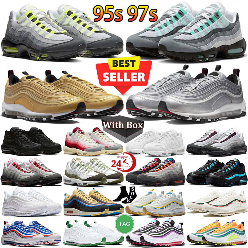 With box Designer shoes 95s 97s Running Shoes For Men Women Classic Triple Black White Mesh Leather Trainer Breathable Cushion Surface Sneakers Runner Sports
