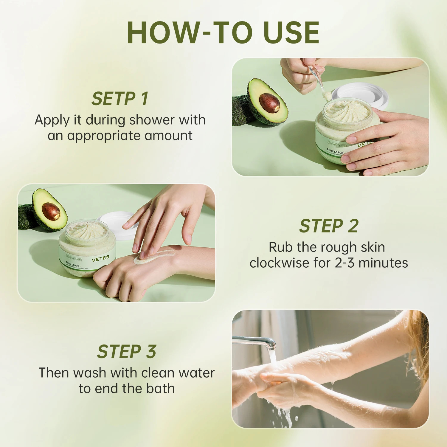 VETES 250g Body Scrub Avocado Scent r Dead Skin Soothing Glowing Exfoliation Scrub Wash Body Care Nourishing Luster Skin 251222