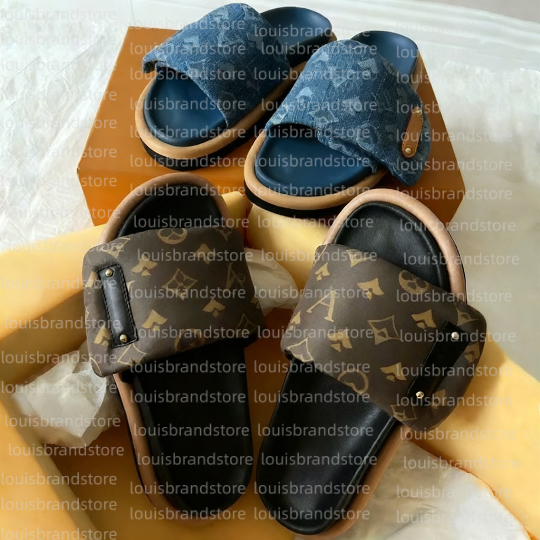 Slides Slippers Designer Pool Pillow Men Sandals Women Platform Slipper Classic Brand Summer Beach Scuffs Flat Comfort Mule Denim Embossed Slide Soft Sandal 35-45 ee