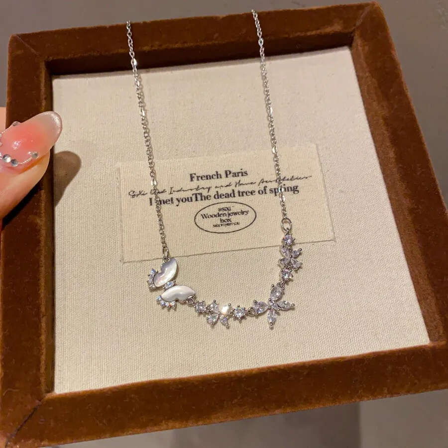 Designer Jewellery High Quality Silver Tone Butterfly Necklace with Mother of Pearl Rhinestone Accents for Special Occasions Wear Gift Textured Elegan