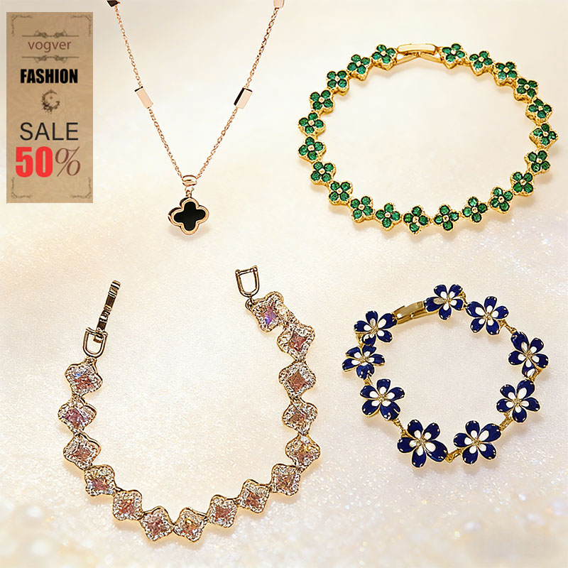 Light Luxury Necklace for Women & Bracelet - Free Shipping Sparkly Pink Clover Zircon Titanium Steel Gold High-End Fashion Jewelry Set