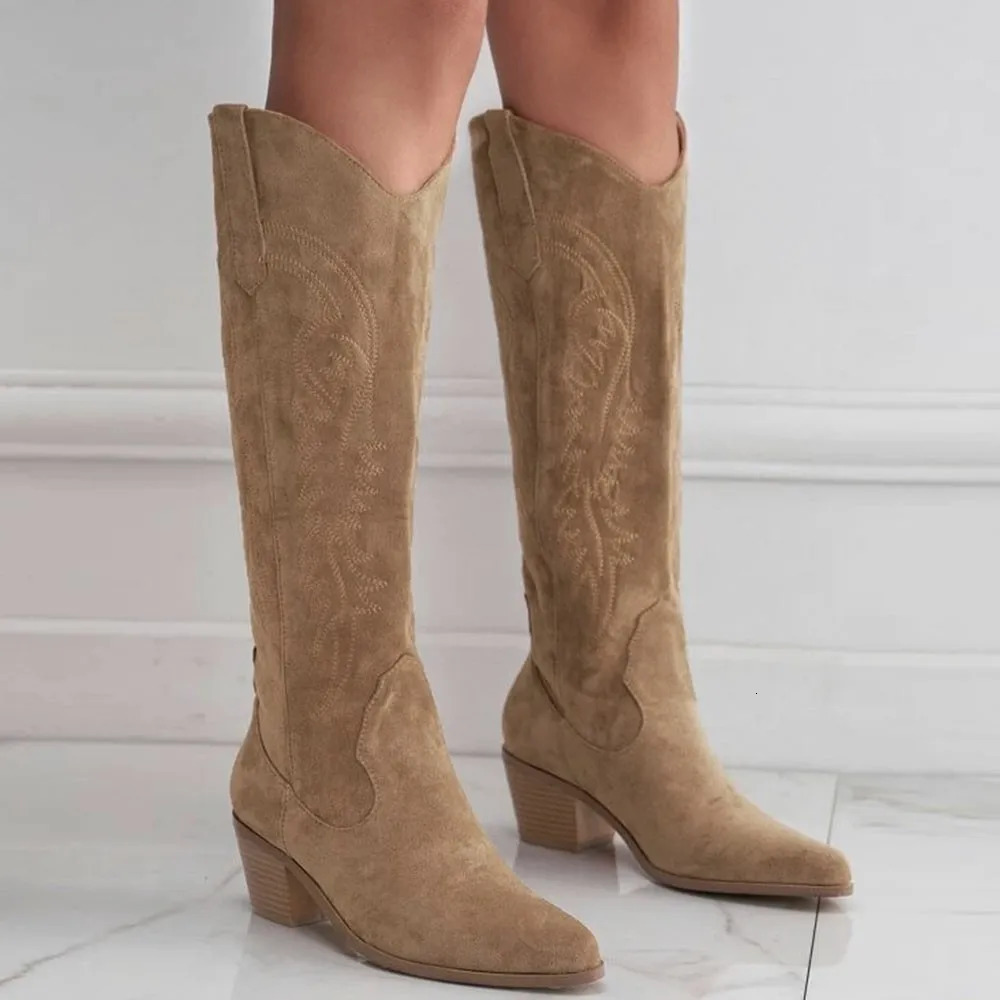 Big Size 43 High Quality Vintage Black Cowboy Boots Women Retro Suede Block Heels Knee High Boots Shoes 251226