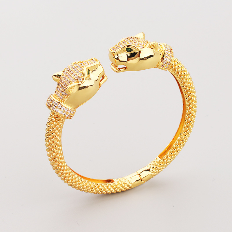 Attract Luck Jewelry New Double-Headed Leopard Inlaid With Zirconia Unisex Jewelry Copper Gold-Plated Size 17 Open Bracelet