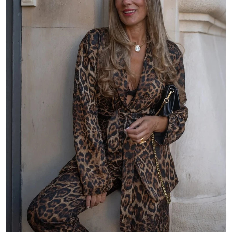 MUJER Leopard Print Blazers Woman Outfit Straight Leg Pants Sets for Women 2 Pieces Jacquard Office Blazer Womens Trouser Suit 251218