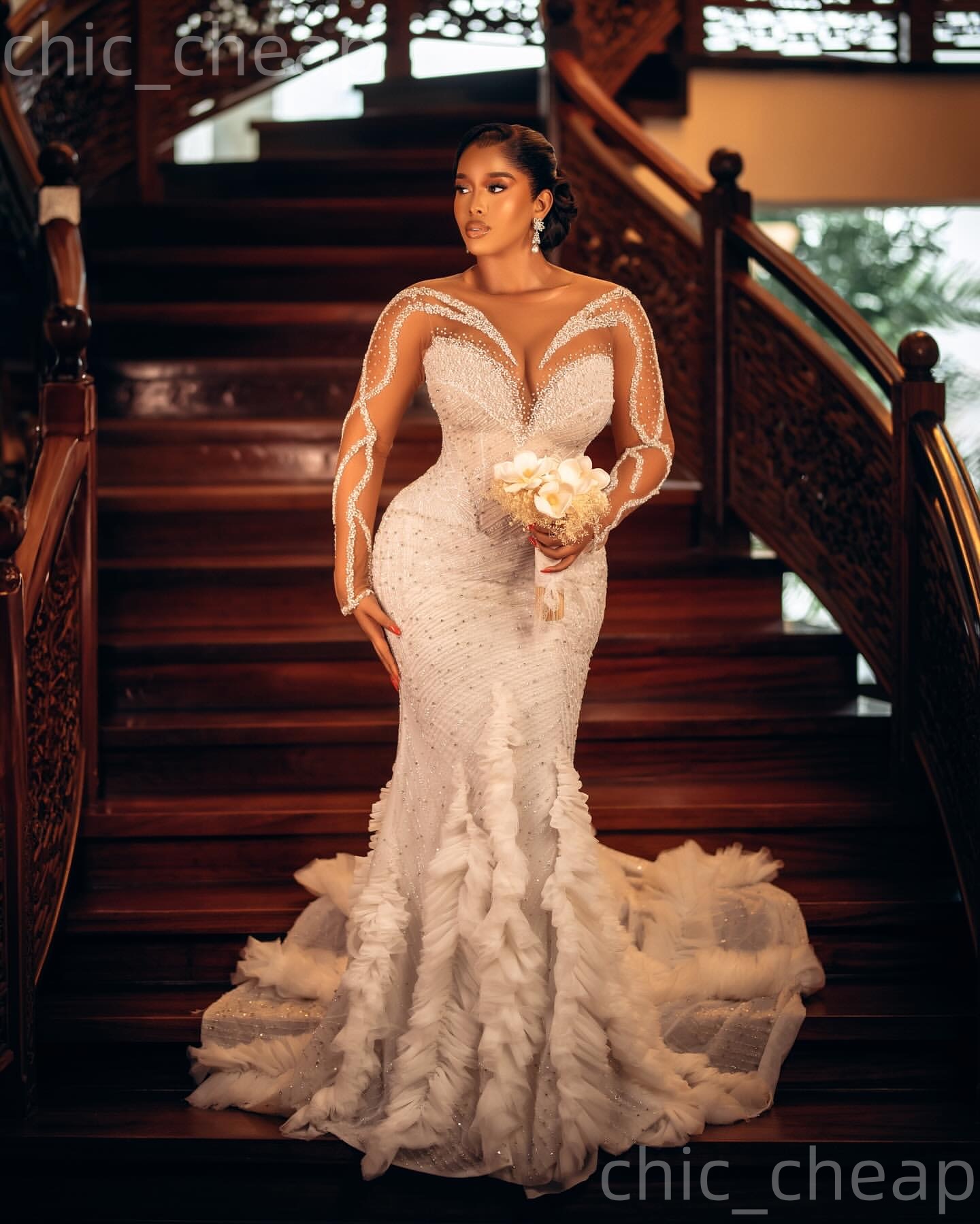 2026 Arabic Aso Ebi Plus Size Ivory Wedding Dresses Beaded Crystals Full Sleeves Sheer Neck Sequined Bridal Gowns Dress For Brides ZJ2059