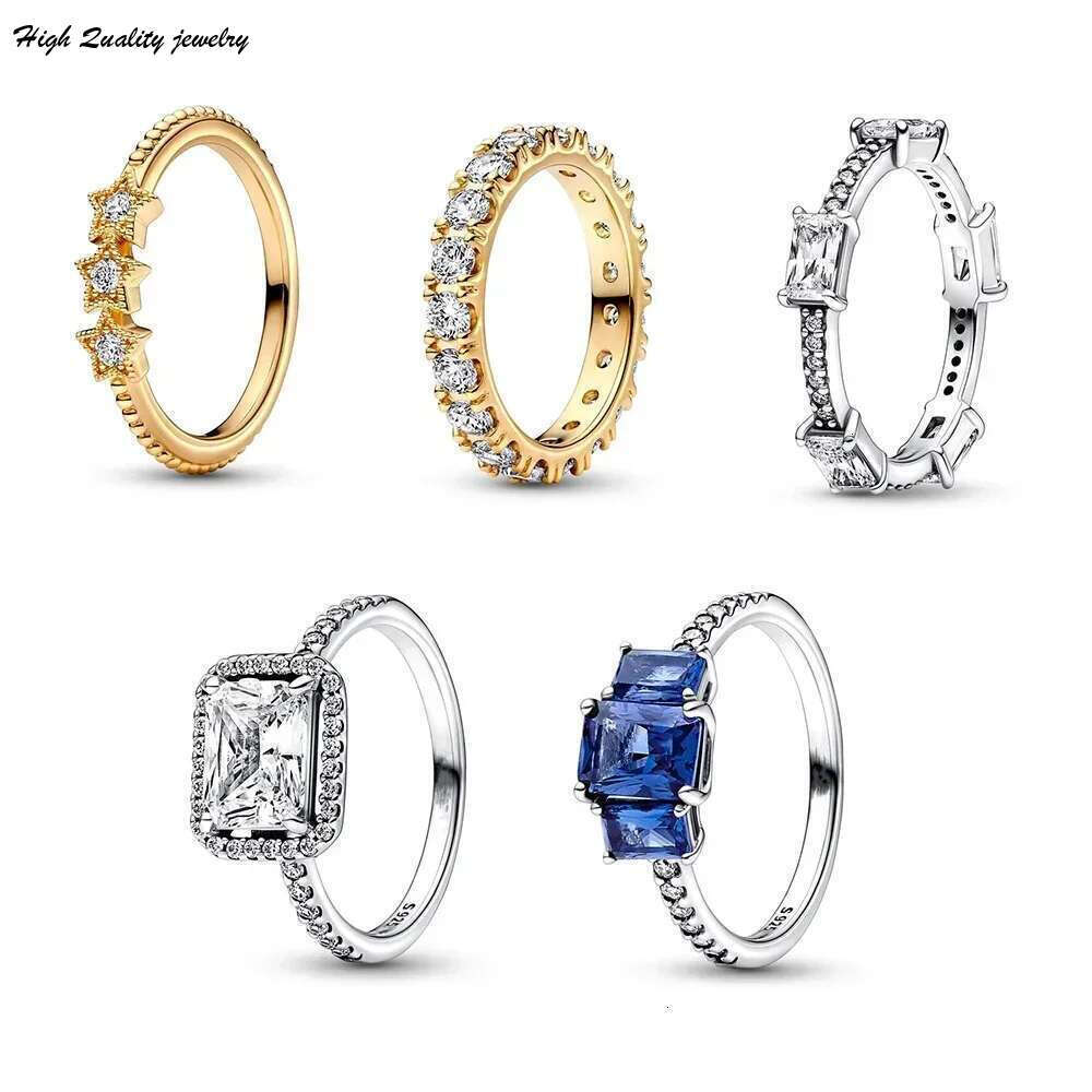 High-Quality New 925 Sterling Silver Pretty Blue Rectangular Three Stone Sparking Ring Sparking Row Eternity Rings Fit Women wholesale