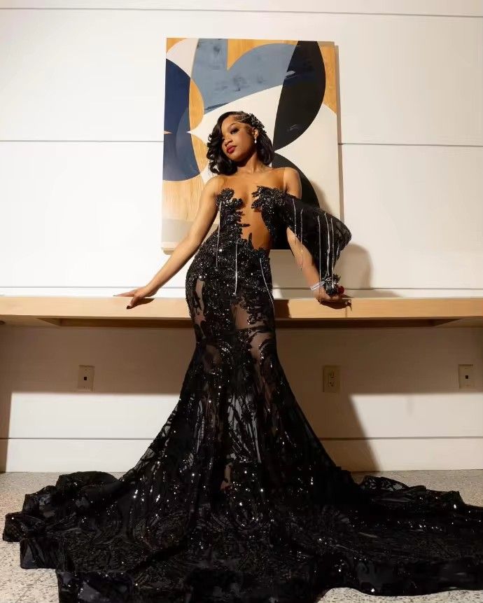 Elegant Mermaid Dresses For Black Girls 2026 New Sexy Sheer Jewel Neck Glitter Beads Sequins for Prom Gala Evening Gowns D31