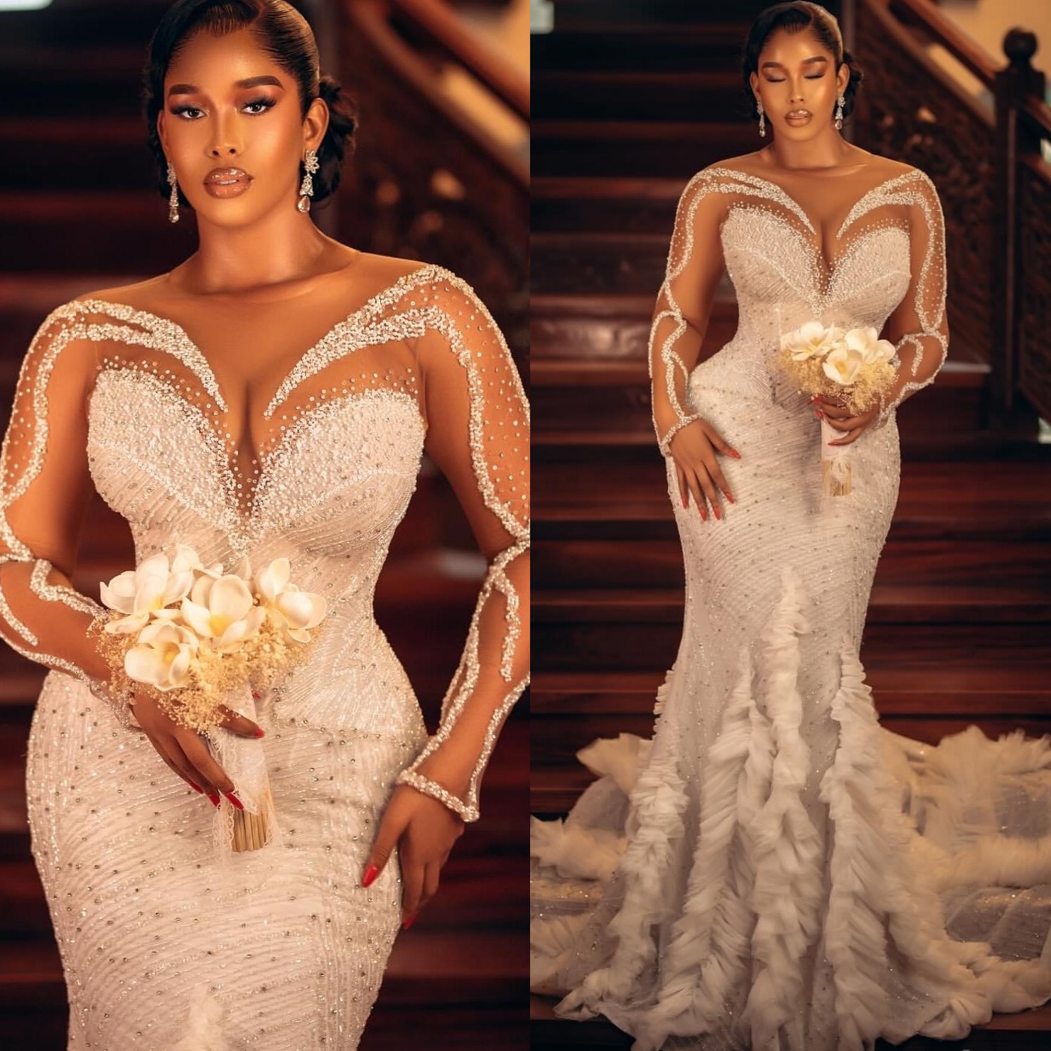 2026 Arabic Aso Ebi Plus Size Ivory Wedding Dresses Beaded Crystals Full Sleeves Sheer Neck Sequined Bridal Gowns Dress For Brides ZJ2059